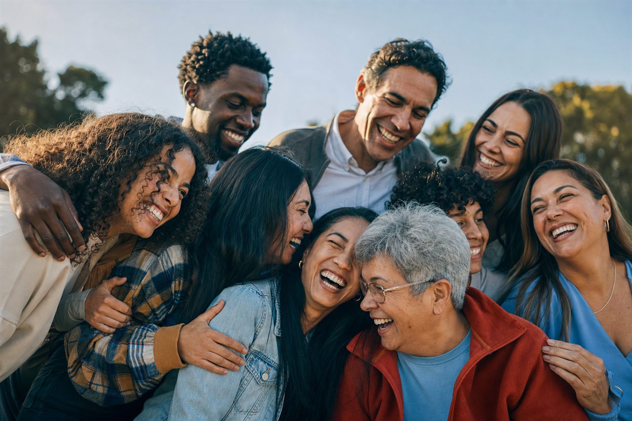 Grupo diverso de personas felices abrazándose
