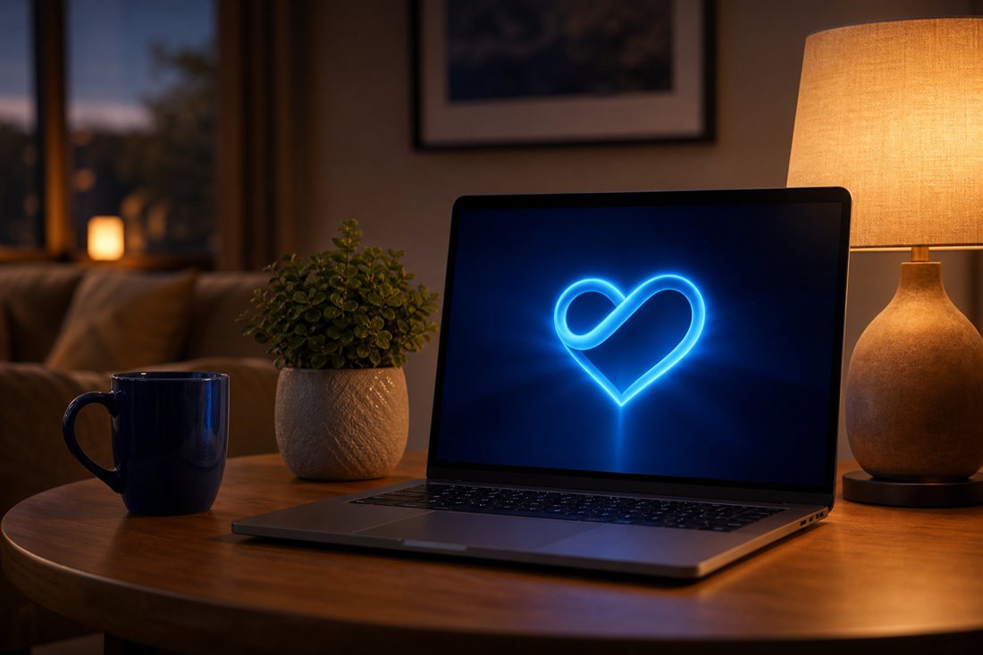 Laptop con el logo de la comunidad en un escritorio acogedor