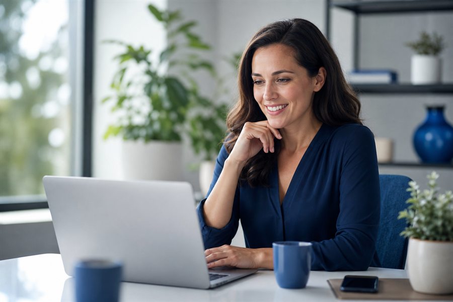Mujer revisando su crecimiento en una laptop