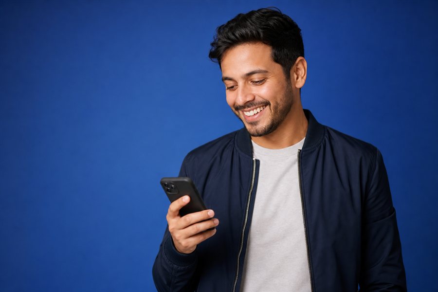 Persona feliz usando su teléfono